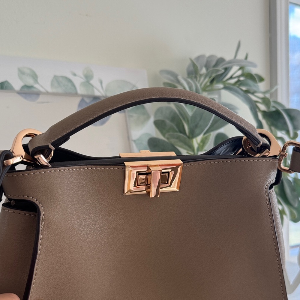 Taupe Structured Top-Handle Satchel with Gold Turn-Lock - Picture 14 of 16